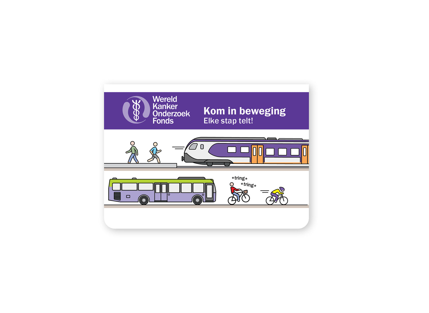 De voorzijde van de OV-chipkaarthoes van het Wereld Kanker Onderzoek Fonds. Het is wit met paars. Erop staat het logo van de organisatie en tekeningen van een trein, bus en reizigers.