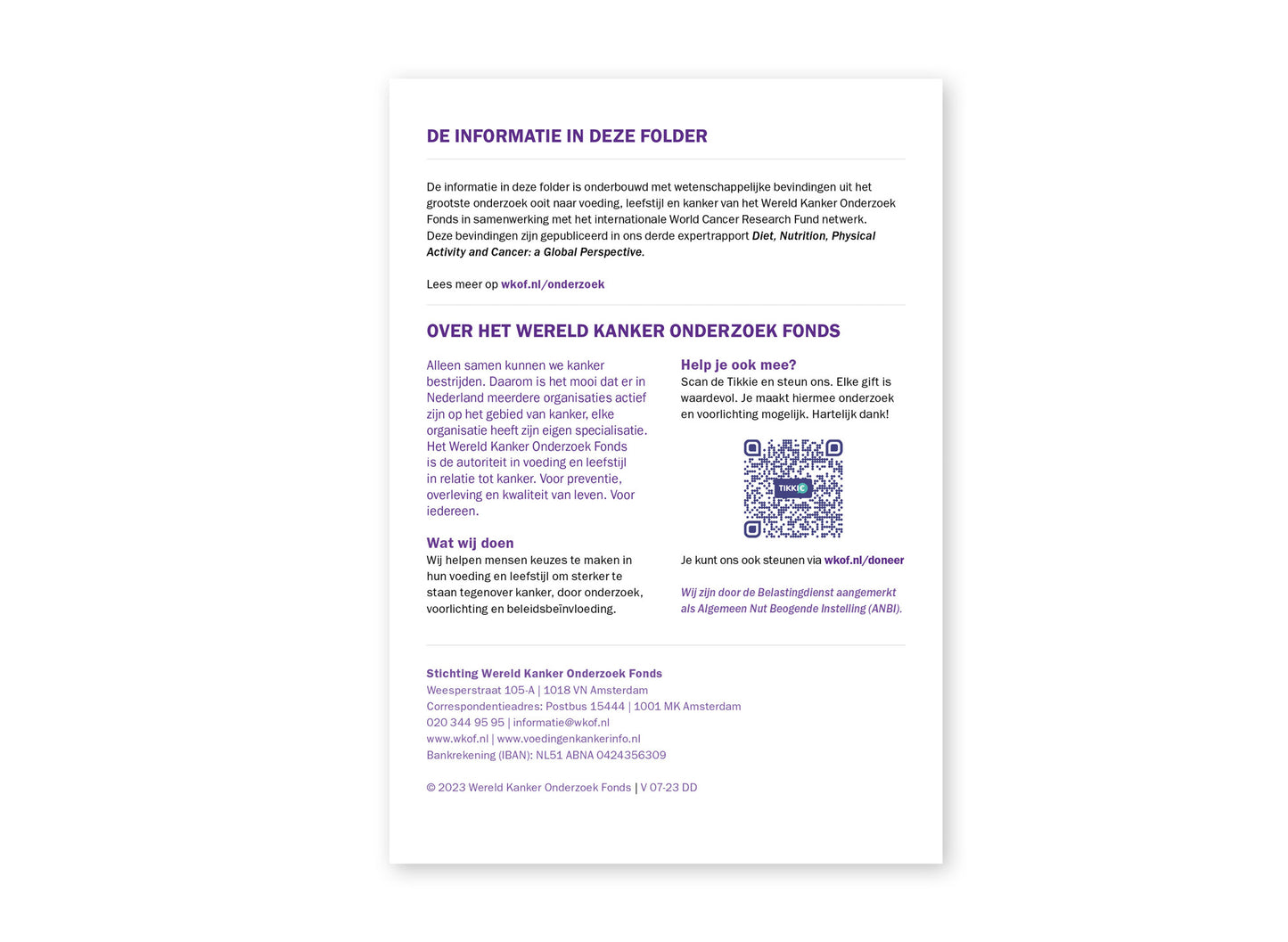 Achterzijde van de folder 'Voeding, leefstijl en darmkanker'.