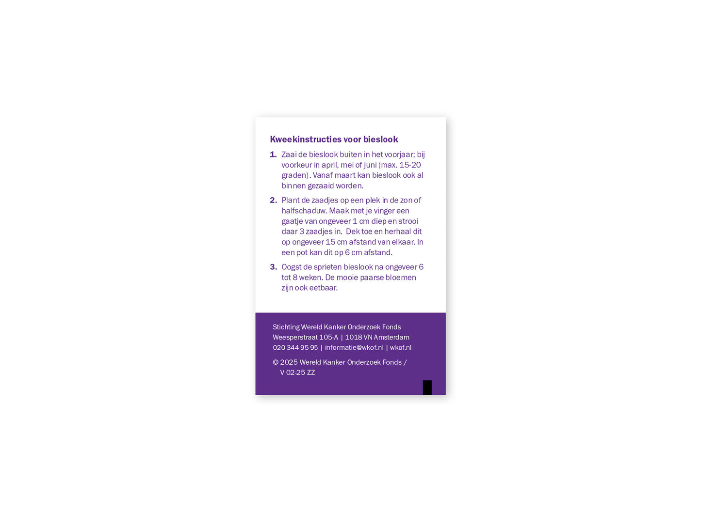 Achterzijde van zakje met bieslookzaadjes van het Wereld Kanker Onderzoek Fonds.