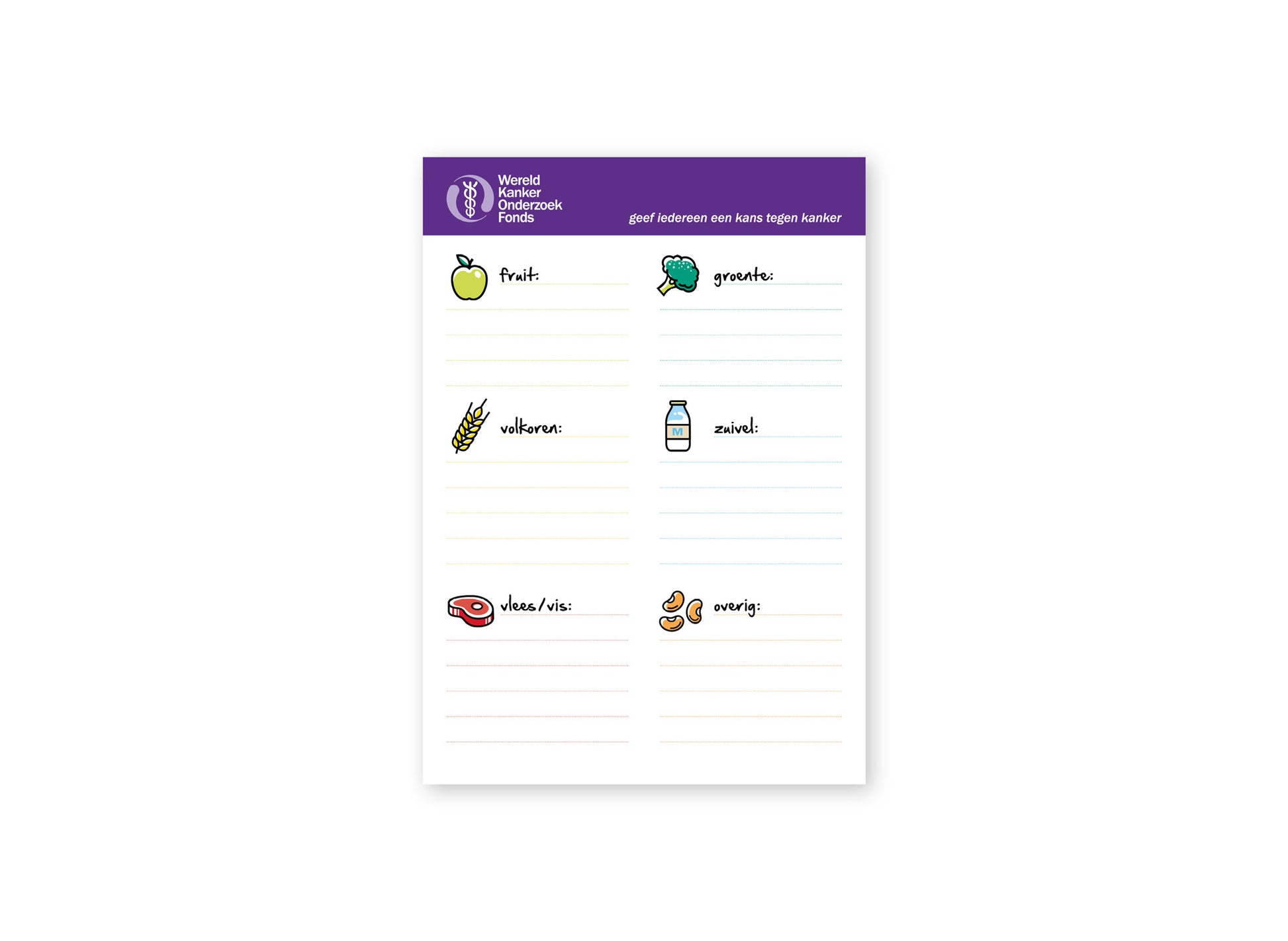 Voorbeeld van een  pagina met een boodschappenlijstje van het Wereld Kanker Onderzoek Fonds. De pagina is ingedeeld in groepen producten: fruit, groente, volkorenproducten, zuivelproducten, vlees of vis en overig.