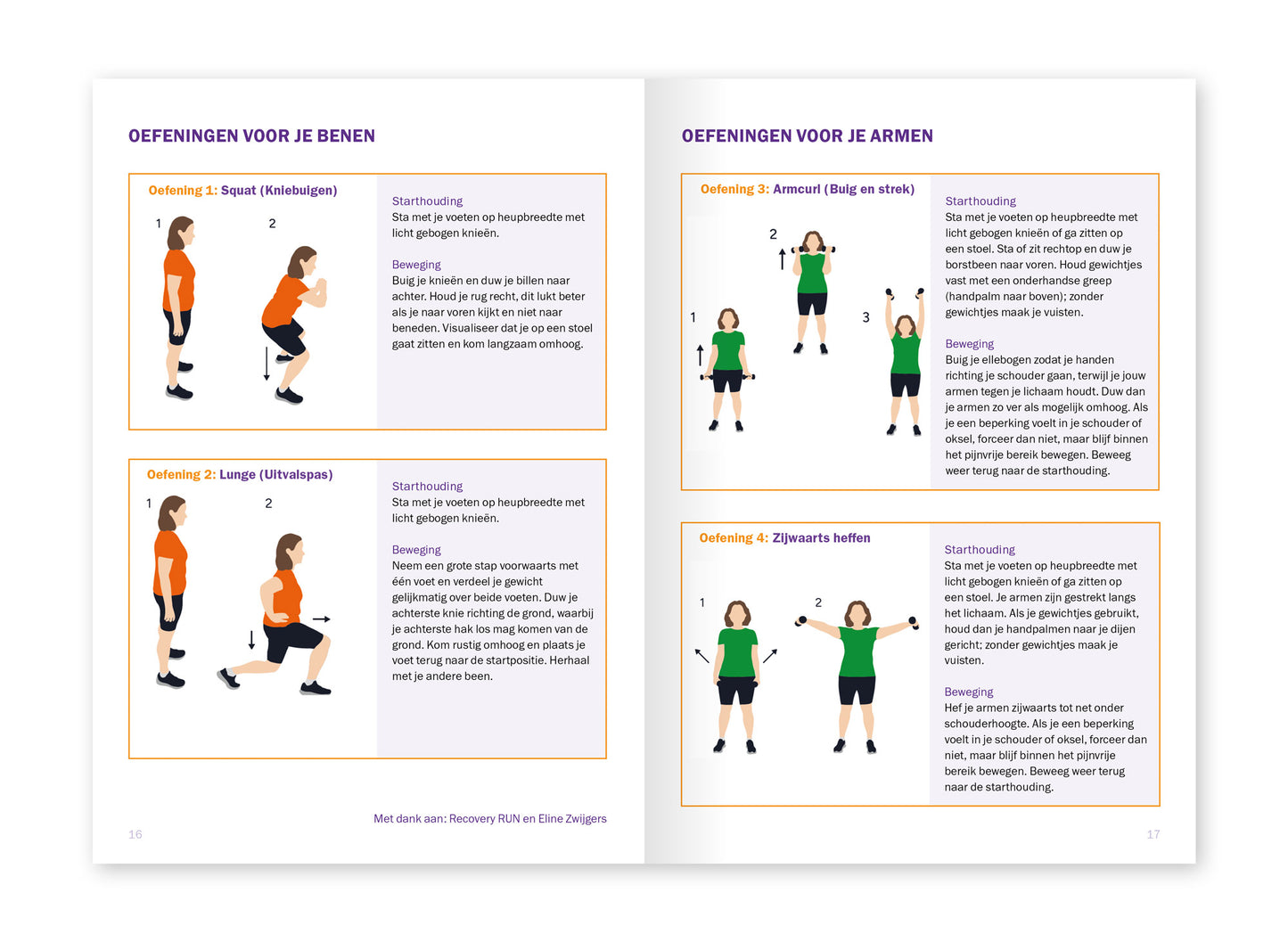 Voorbeeld van het binnenwerk van de brochure 'Bewegen en trainen bij kanker' van het Wereld Kanker Onderzoek Fonds. Hier staan beweegoefeningen voor thuis.