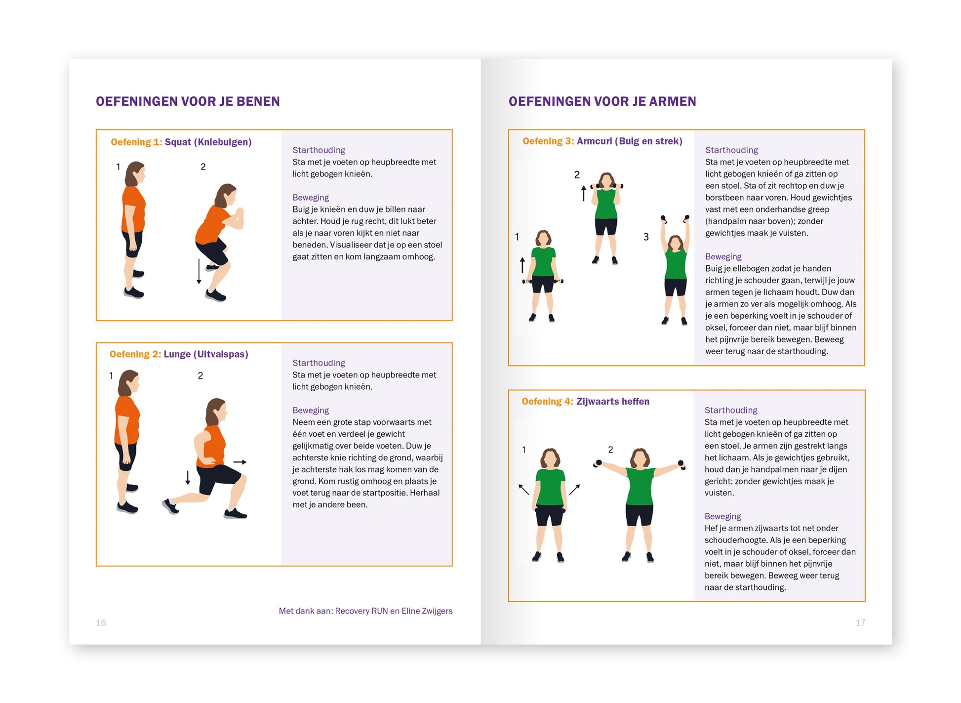 Voorbeeld van het binnenwerk van de brochure 'Bewegen en trainen bij kanker' van het Wereld Kanker Onderzoek Fonds. Hier staan beweegoefeningen voor thuis.