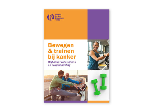 Omslag van de brochure 'Bewegen en trainen bij kanker' van het Wereld Kanker Onderzoek Fonds.