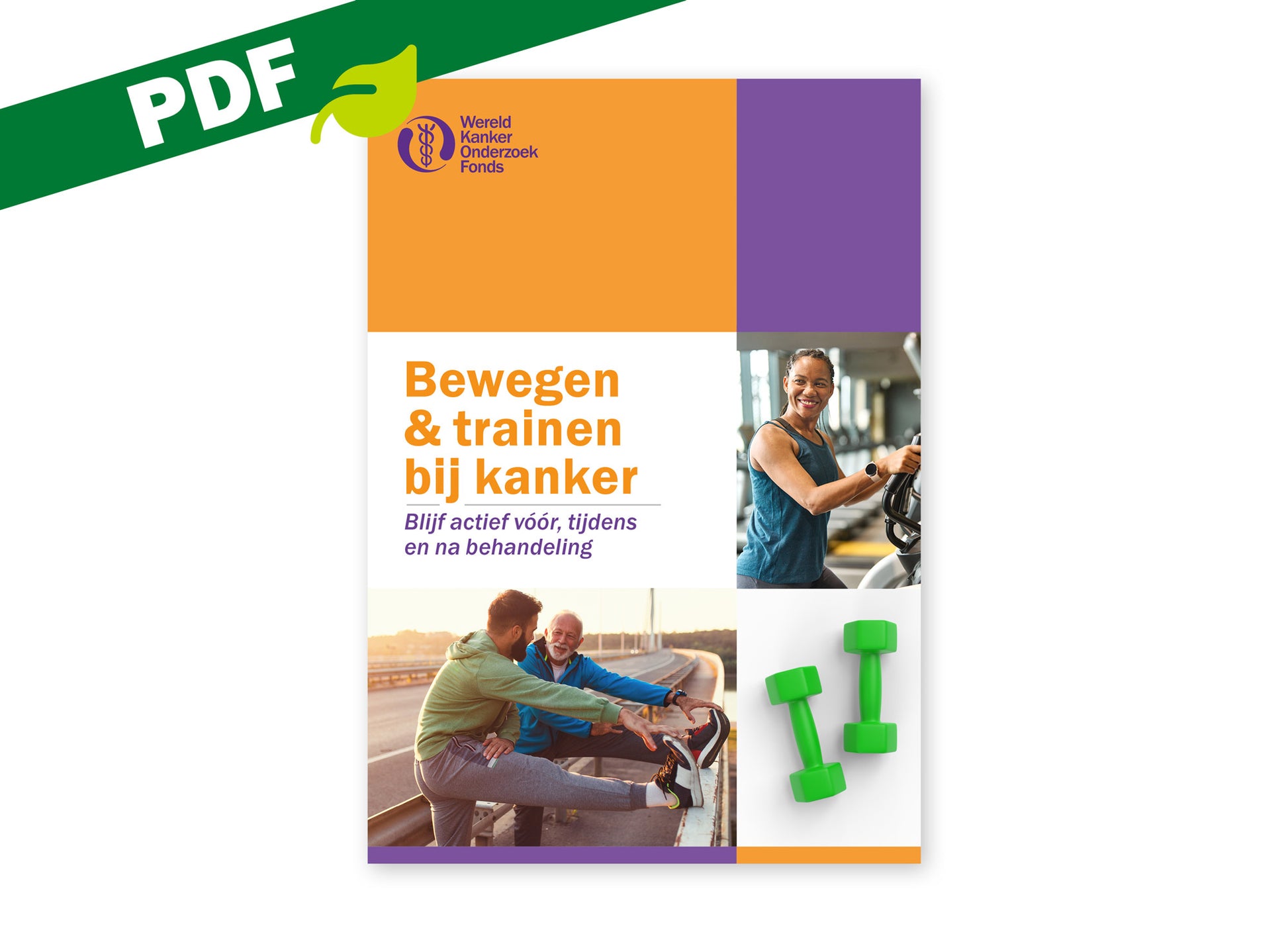 Omslag van de PDF-versie van de brochure 'Bewegen en trainen bij kanker' van het Wereld Kanker Onderzoek Fonds.