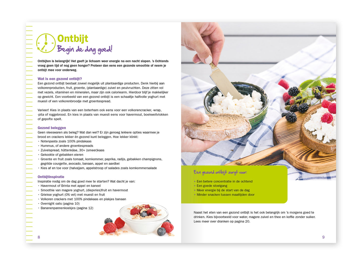 Voorbeeld van het binnenwerk van het kookboek 'Gezond eten. De hele dag door'. Hier staat informatie over een gezond ontbijt.