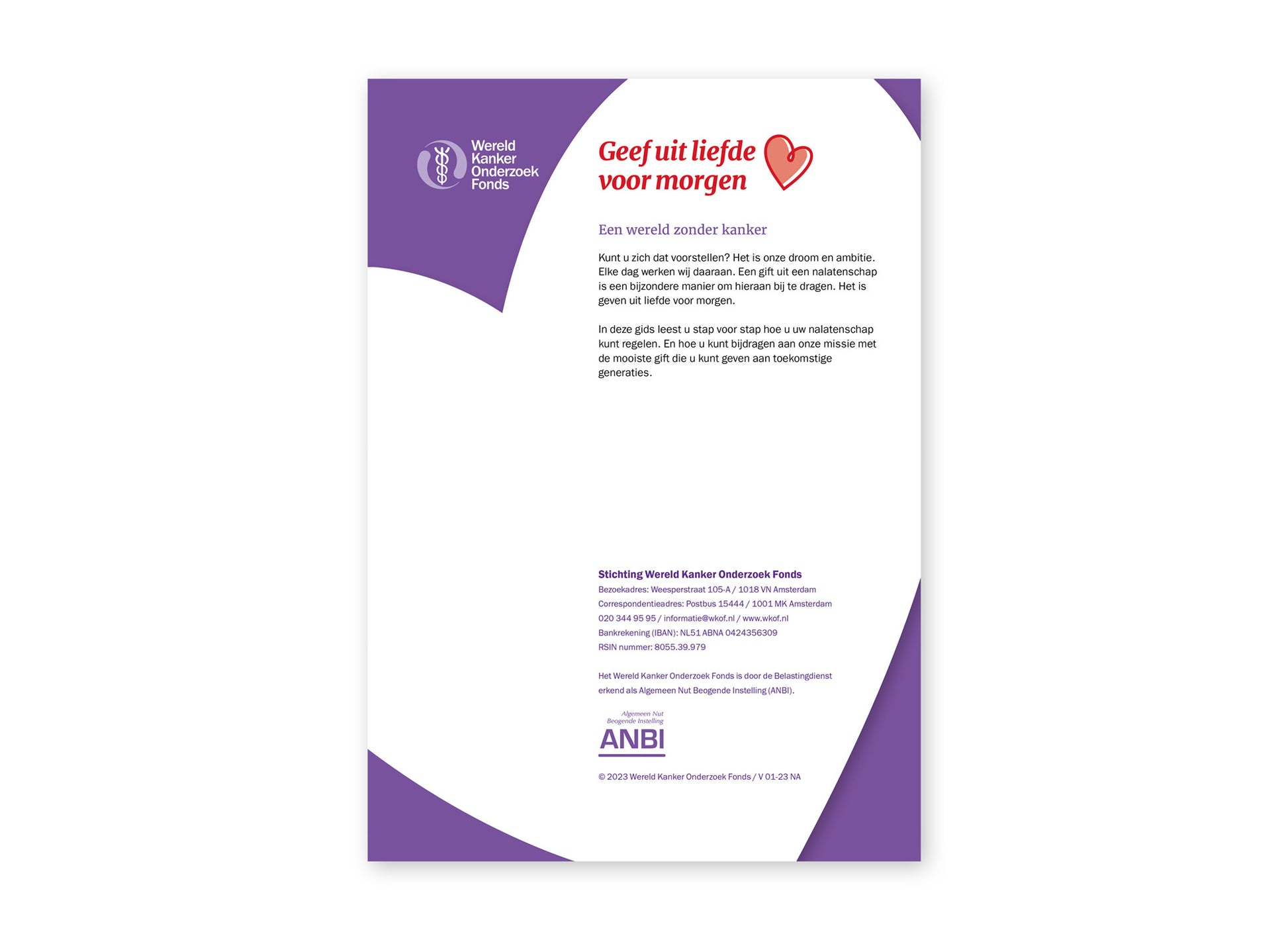 Achterzijde van de Gids over nalaten van het Wereld Kanker Onderzoek Fonds.