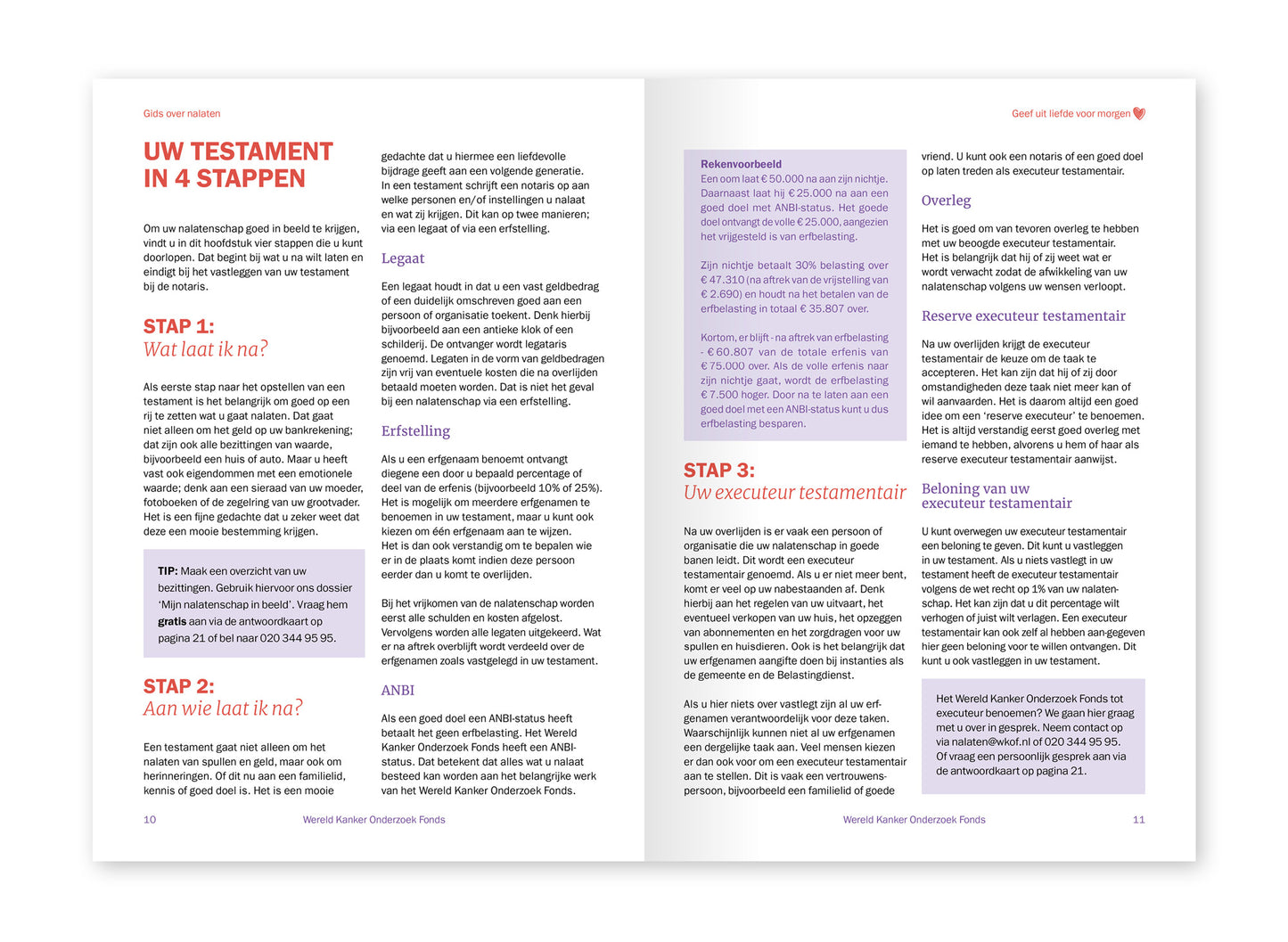 Voorbeeld van het binnenwerk van de Gids over nalaten van het Wereld Kanker Onderzoek Fonds. Hier staat 'Uw testament in 4 stappen'.