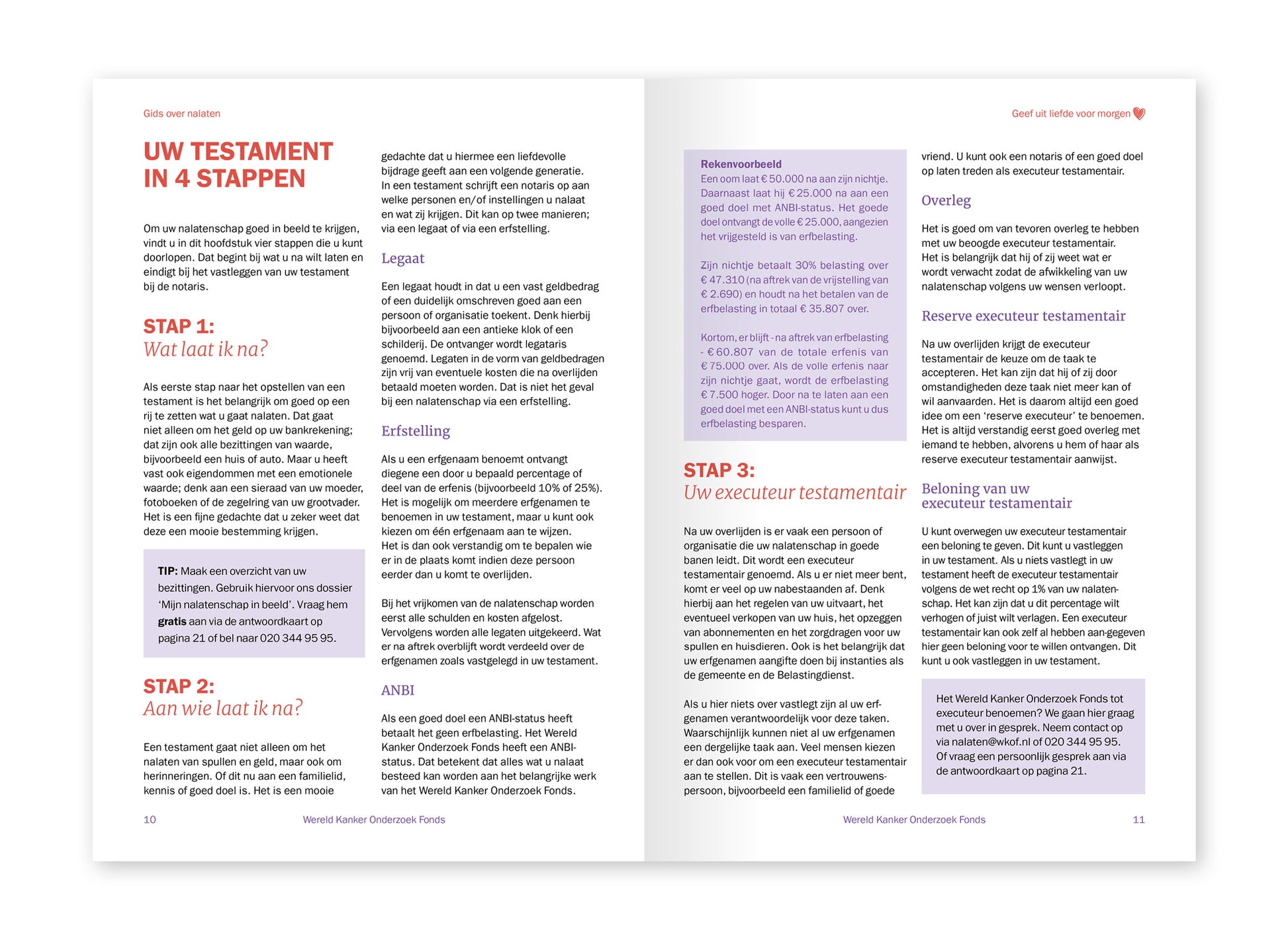 Voorbeeld van het binnenwerk van de Gids over nalaten van het Wereld Kanker Onderzoek Fonds. Hier staat 'Uw testament in 4 stappen'.