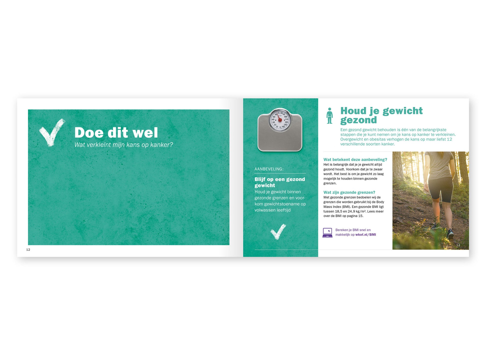 Voorbeeld van het binnenwerk van de brochure 'Hoe verklein ik mijn kans op kanker?'. Hier zien we het hoofdstuk over een gezond gewicht.