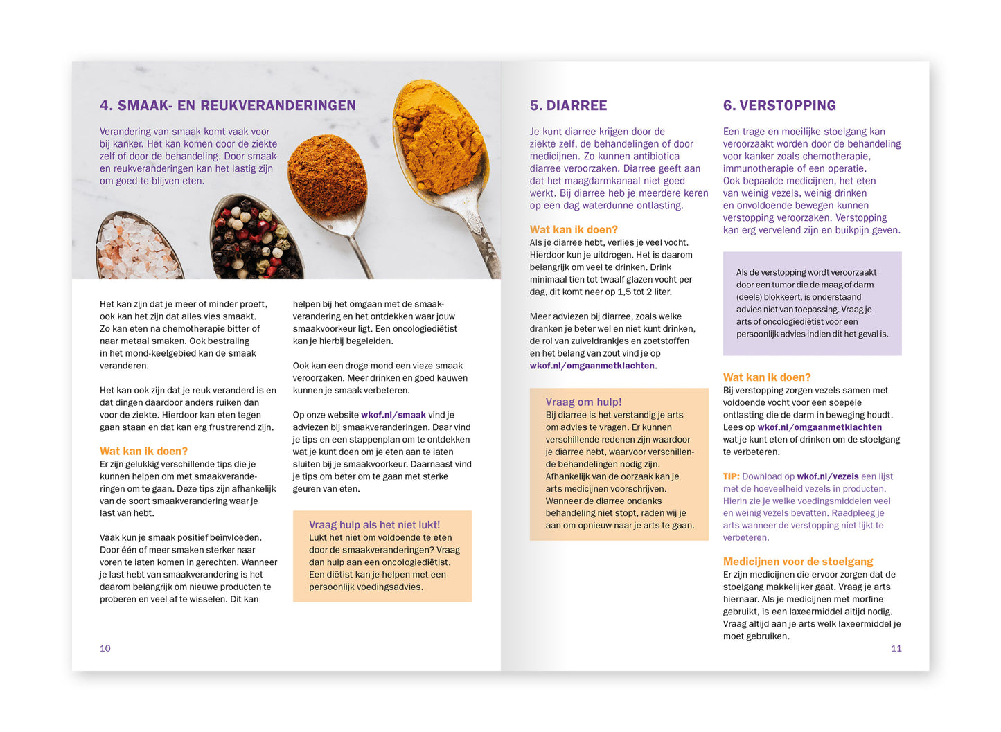 Voorbeeld van het binnenwerk van de folder 'Klachten bij kanker' van het Wereld Kanker Onderzoek Fonds. Hier staat informatie over smaak- en reukveranderingen, diaree en verstopping.