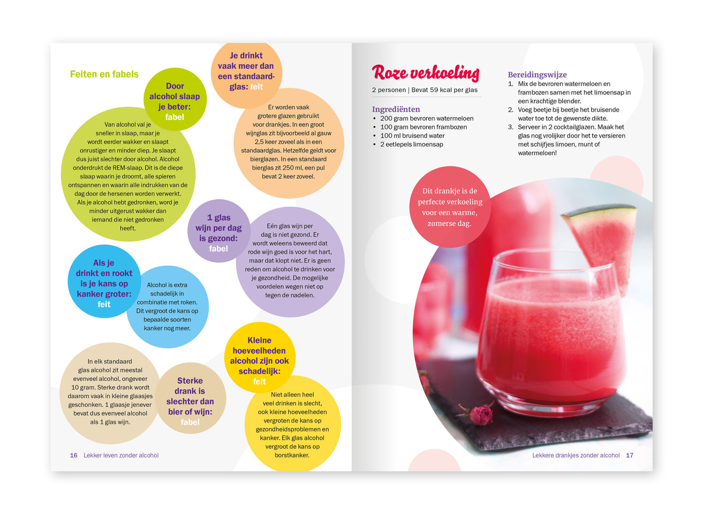 Voorbeeld van het binnenwerk van de brochure 'Lekker leven zonder alcohol'. Hier staat een recept voor een mocktail die heet 'Roze verkoeling'.