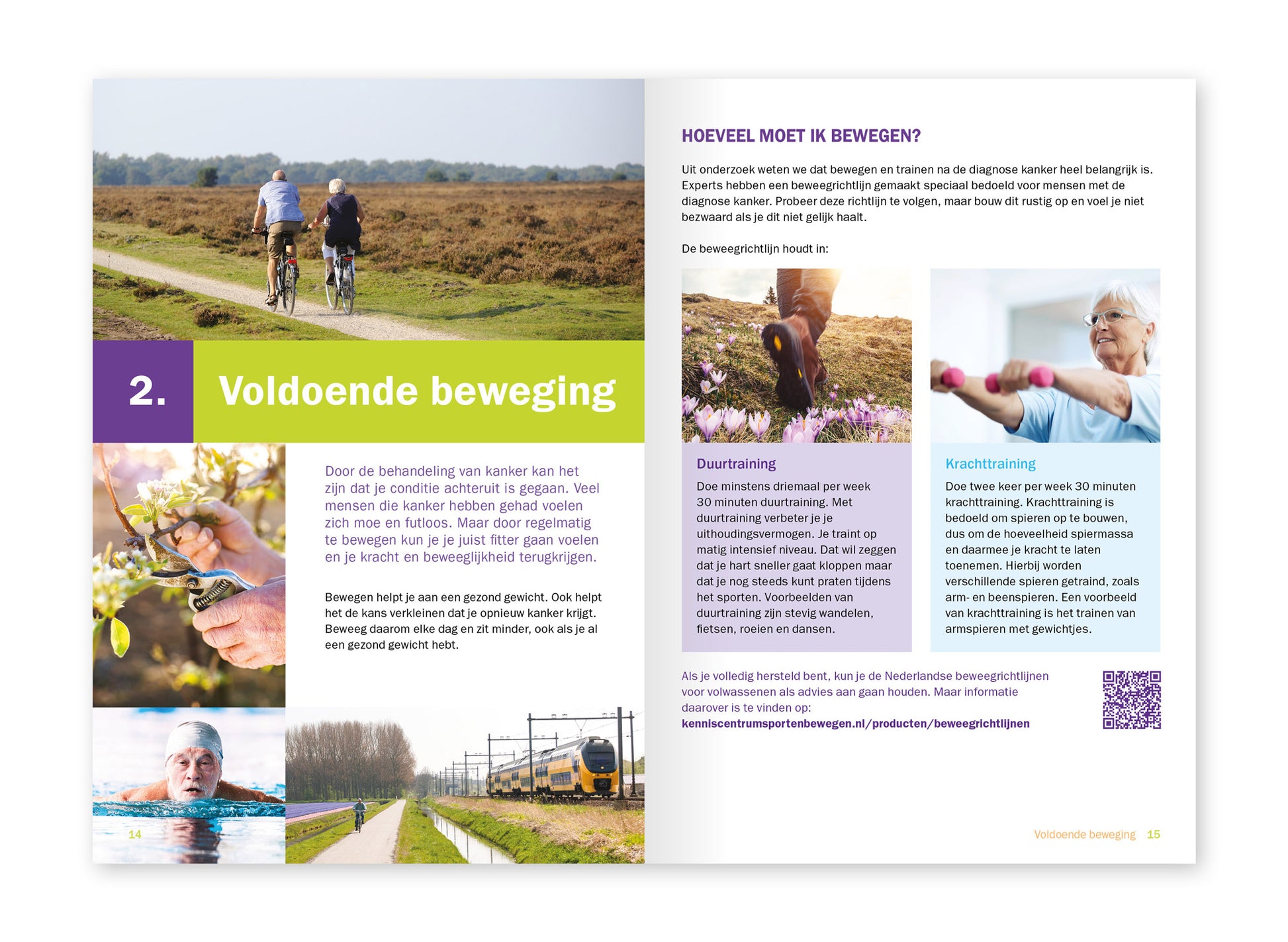 Voorbeeld van het binnenwerk van de brochure 'Na kanker. Aan de slag met gezonde voeding en leefstijl'. Hier staat informatie over lichaamsbeweging.