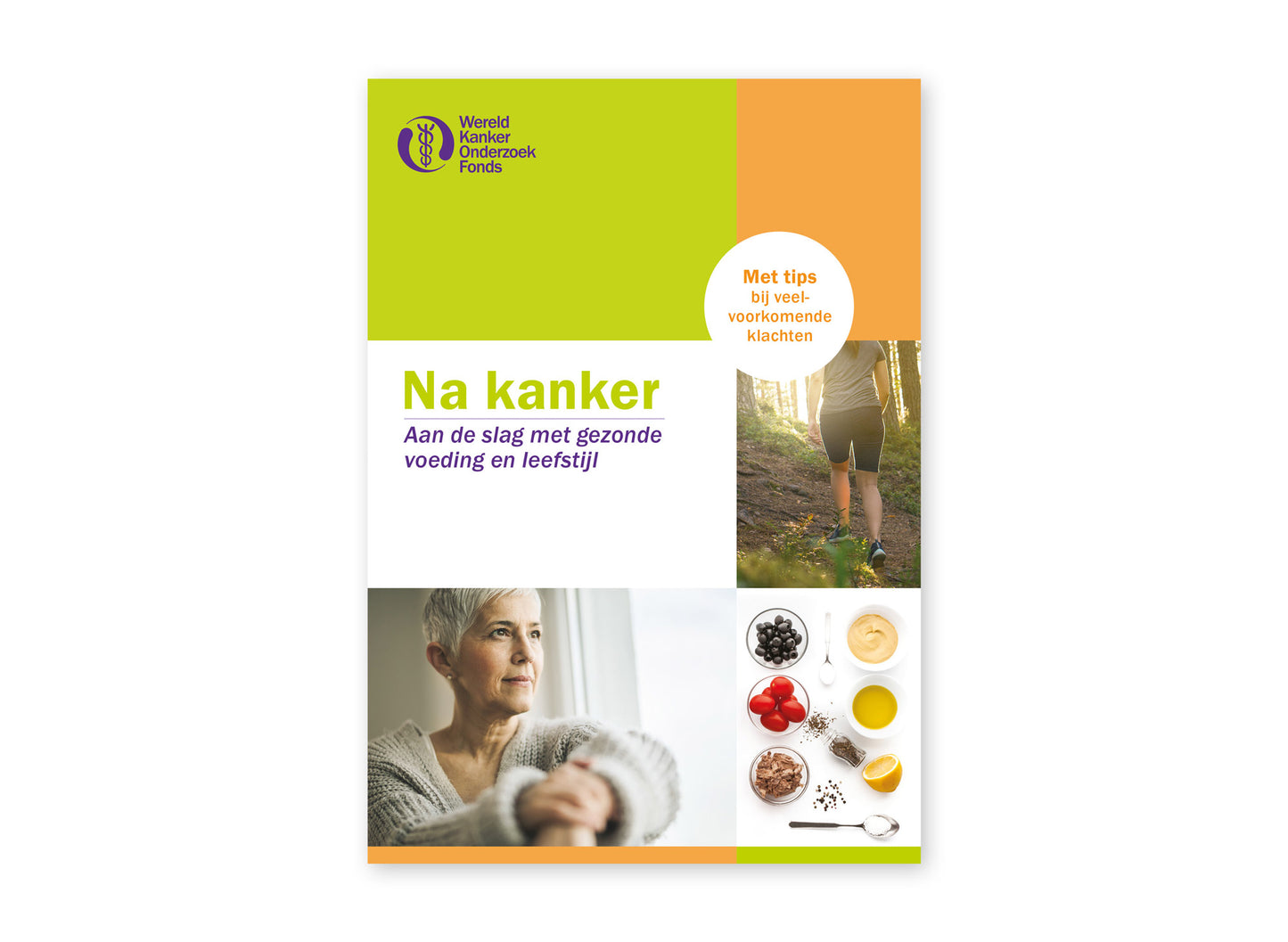 Omslag van de brochure 'Na kanker. Aan de slag met gezonde voeding en leefstijl' van het Wereld Kanker Onderzoek Fonds.