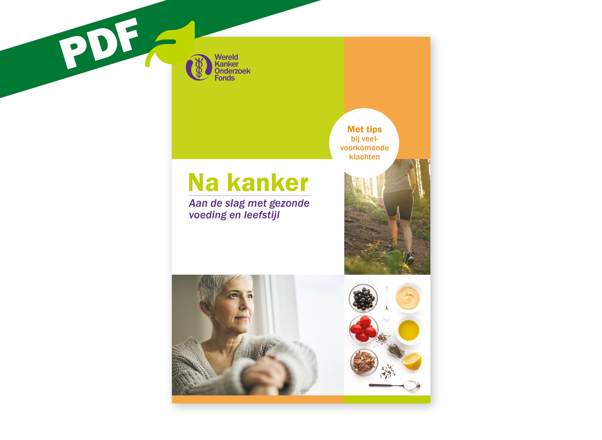 Omslag van de PDF-versie van de brochure 'Na kanker. Aan de slag met gezonde voeding en leefstijl' van het Wereld Kanker Onderzoek Fonds.