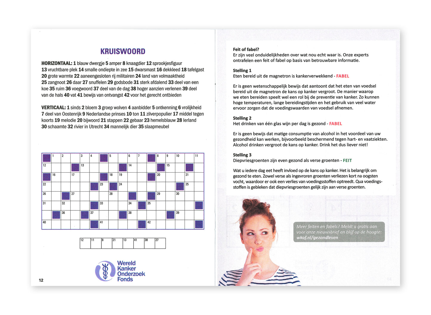 Voorbeeld van het binnenwerk van het puzzelboek van het Wereld Kanker Onderzoek Fonds. Hier staat een kruiswoord-puzzel.