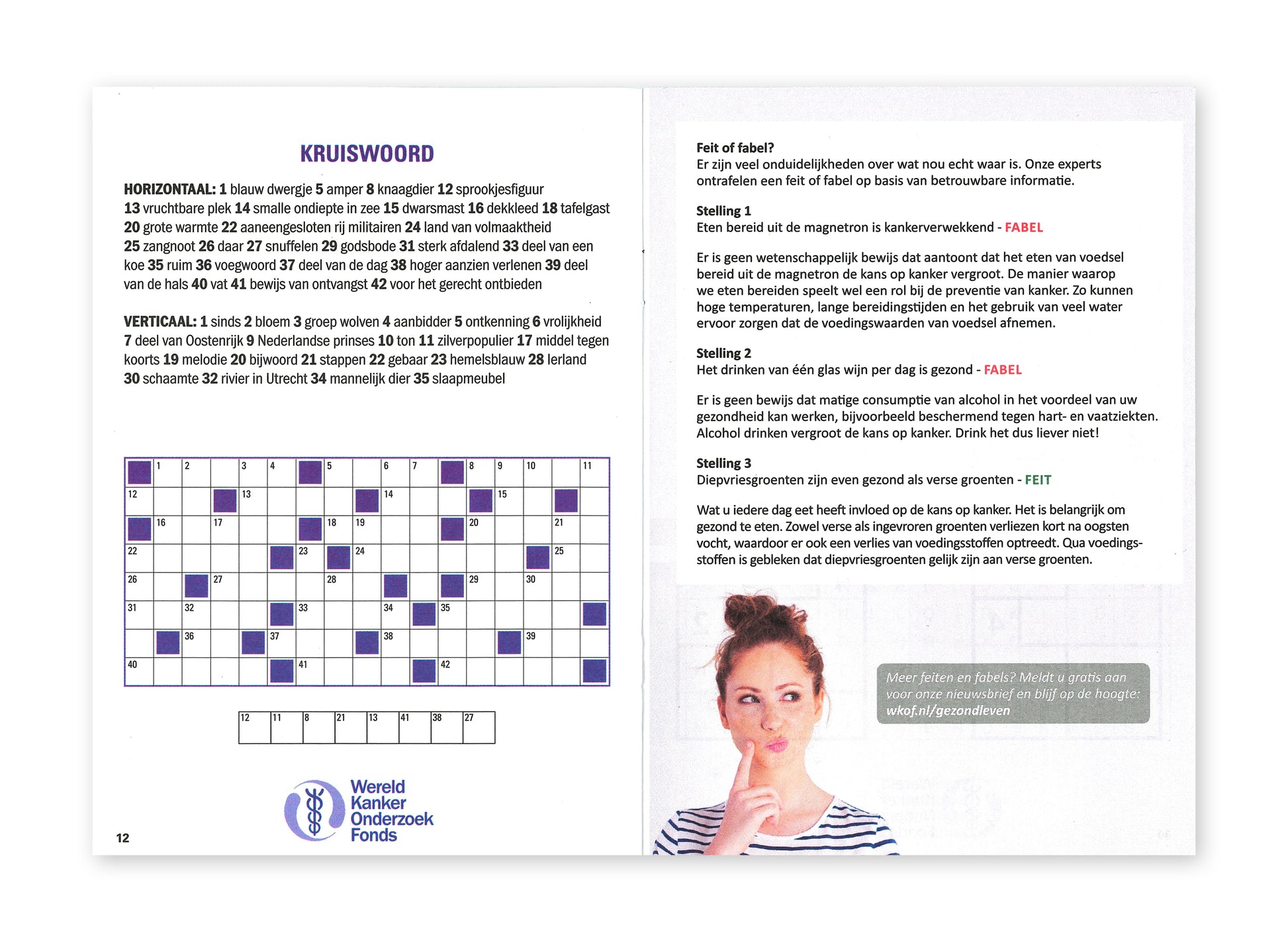 Voorbeeld van het binnenwerk van het puzzelboek van het Wereld Kanker Onderzoek Fonds. Hier staat een kruiswoord-puzzel.