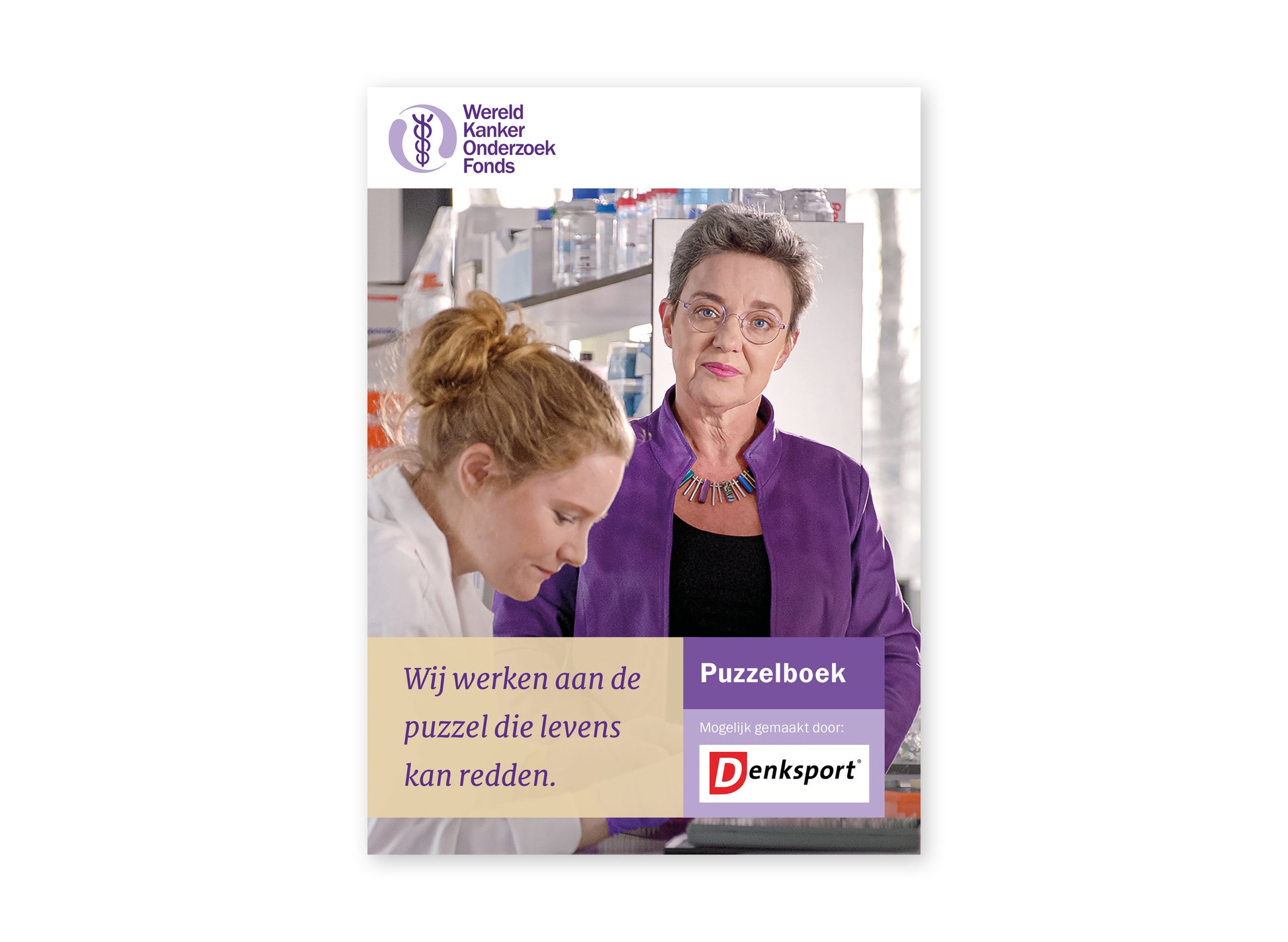 Omslag van het puzzelboek van het Wereld Kanker Onderzoek Fonds.
