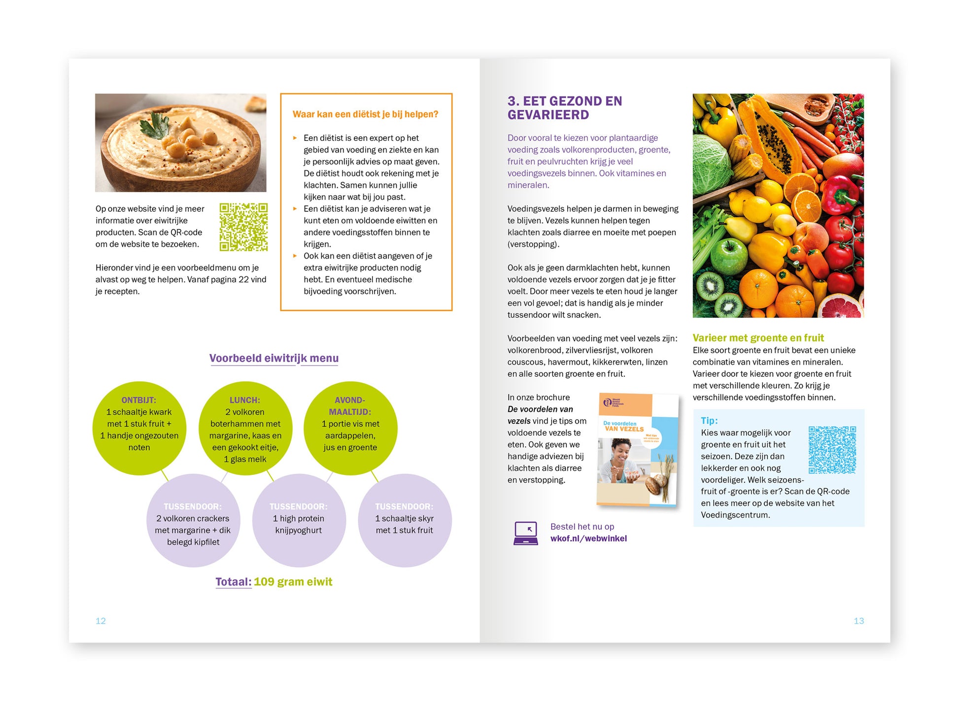 Voorbeeld van het binnenwerk van de brochure 'Voeding bij kanker' van het Wereld Kanker Onderzoek Fonds. Hier staat informatie over een eiwitrijk menu en gevarieerd eten.