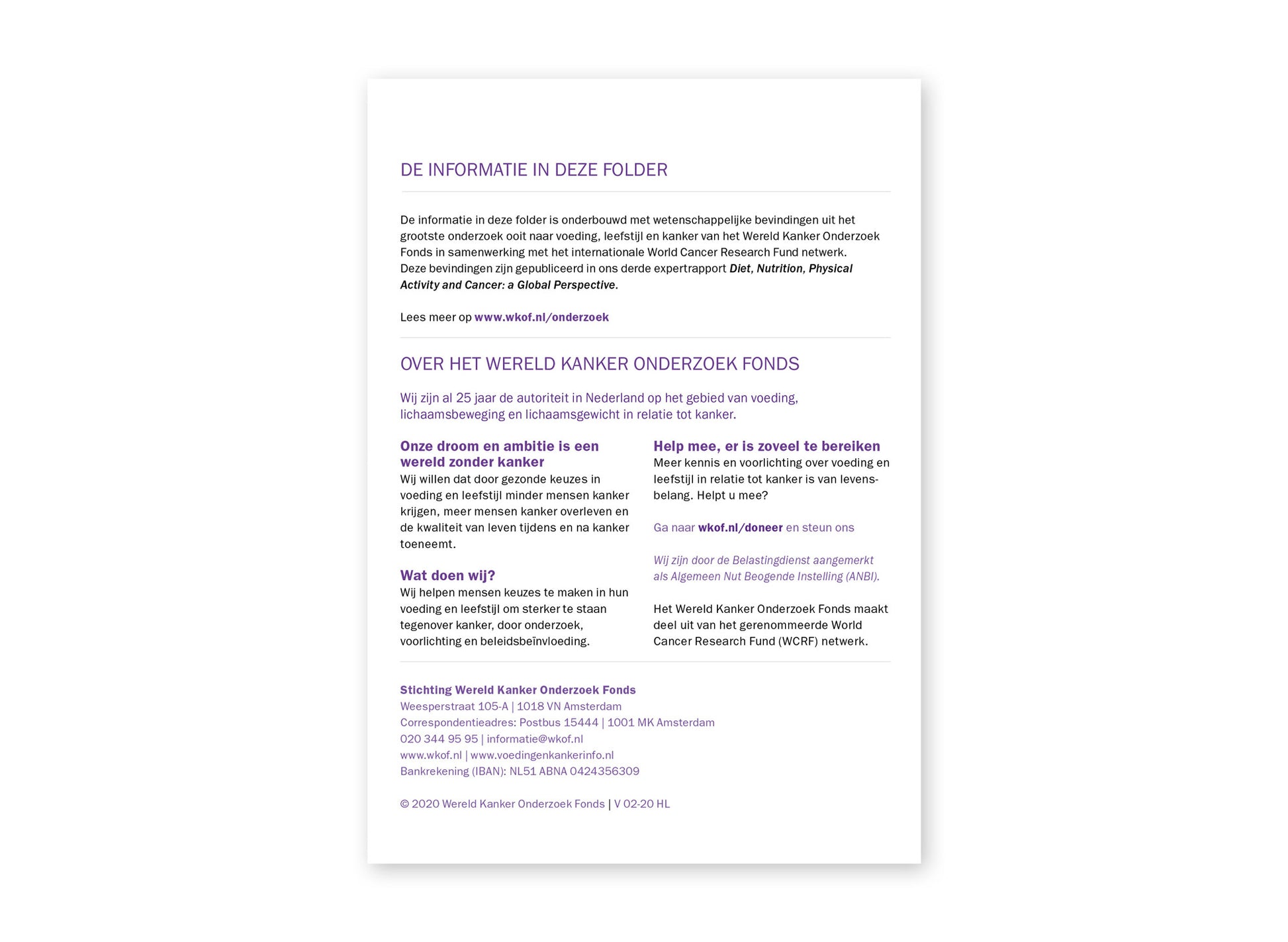 Achterzijde van de folder 'Hoe verklein ik mijn kans op kanker? Volg de kleuren!'.