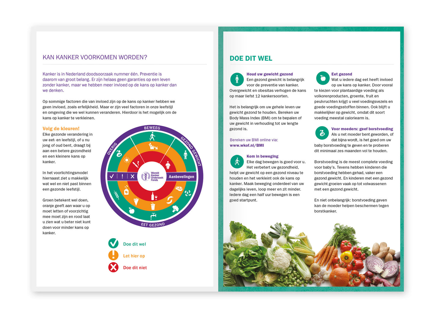 Voorbeeld van het binnenwerk van de folder 'Hoe verklein ik mijn kans op kanker? Volg de kleuren!'. Hier staat informatie over het voorlichtingsmodel van het Wereld Kanker Onderzoek Fonds.