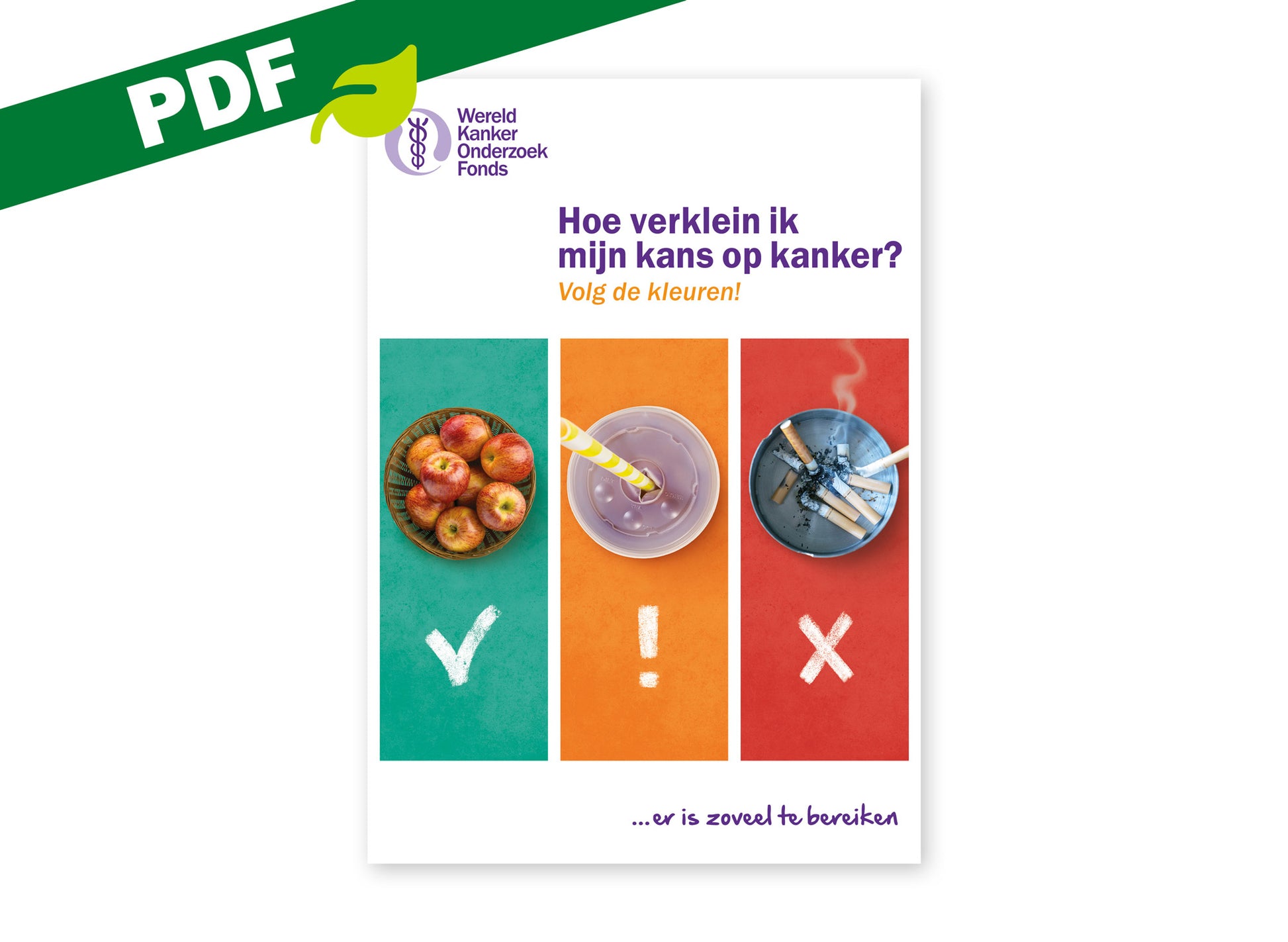 Omslag van de PDF-versie van de folder 'Hoe verklein ik mijn kans op kanker? Volg de kleuren!' van het Wereld Kanker Onderzoek Fonds.