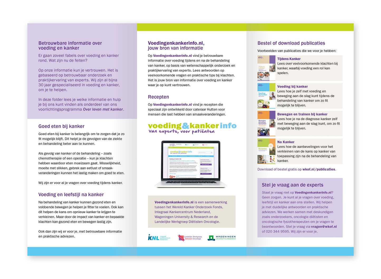Binnenwerk van de folder 'Over leven met kanker' van het Wereld Kanker Onderzoek Fonds.