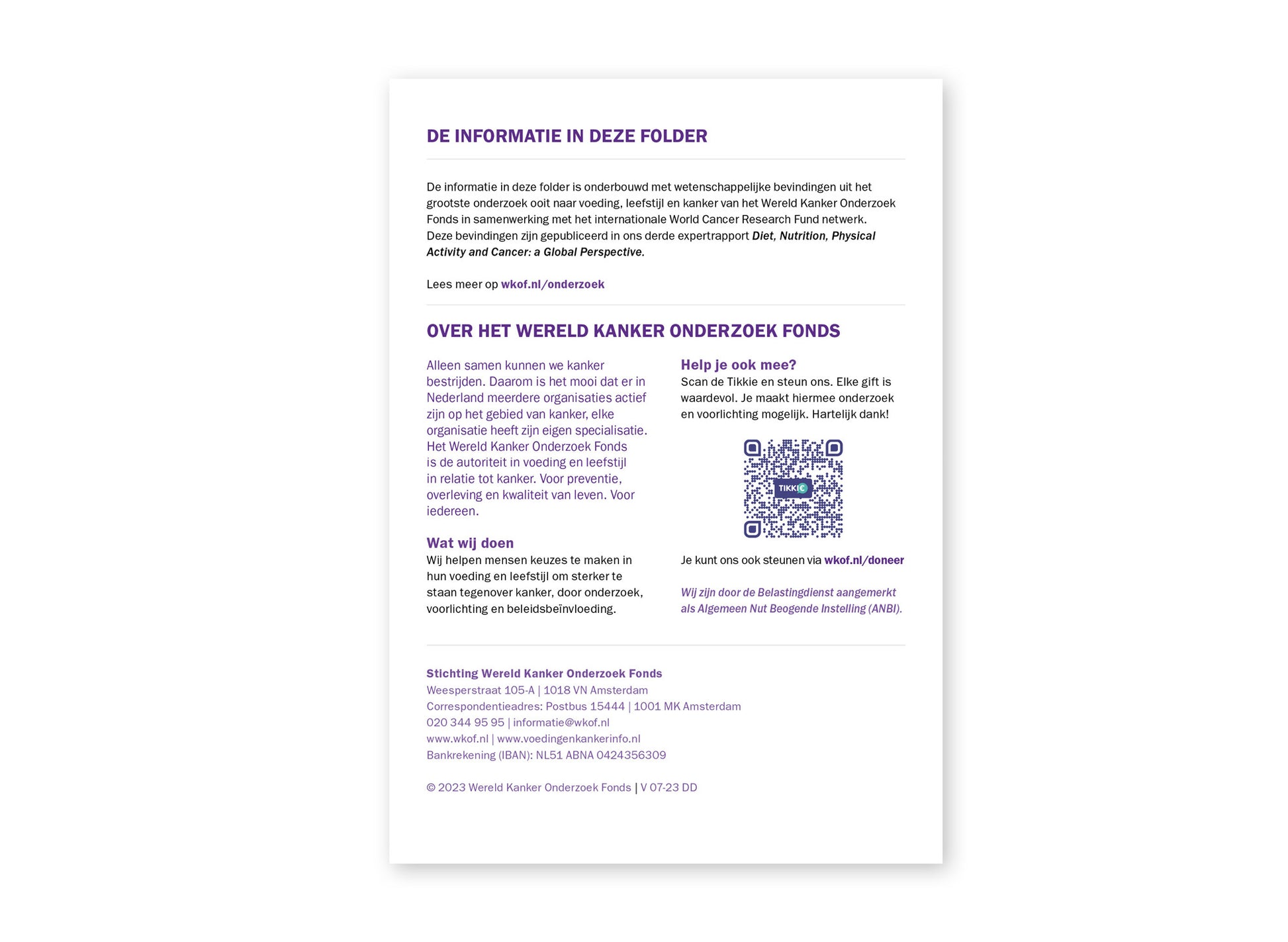Achterzijde van de folder 'Voeding, leefstijl en darmkanker'.