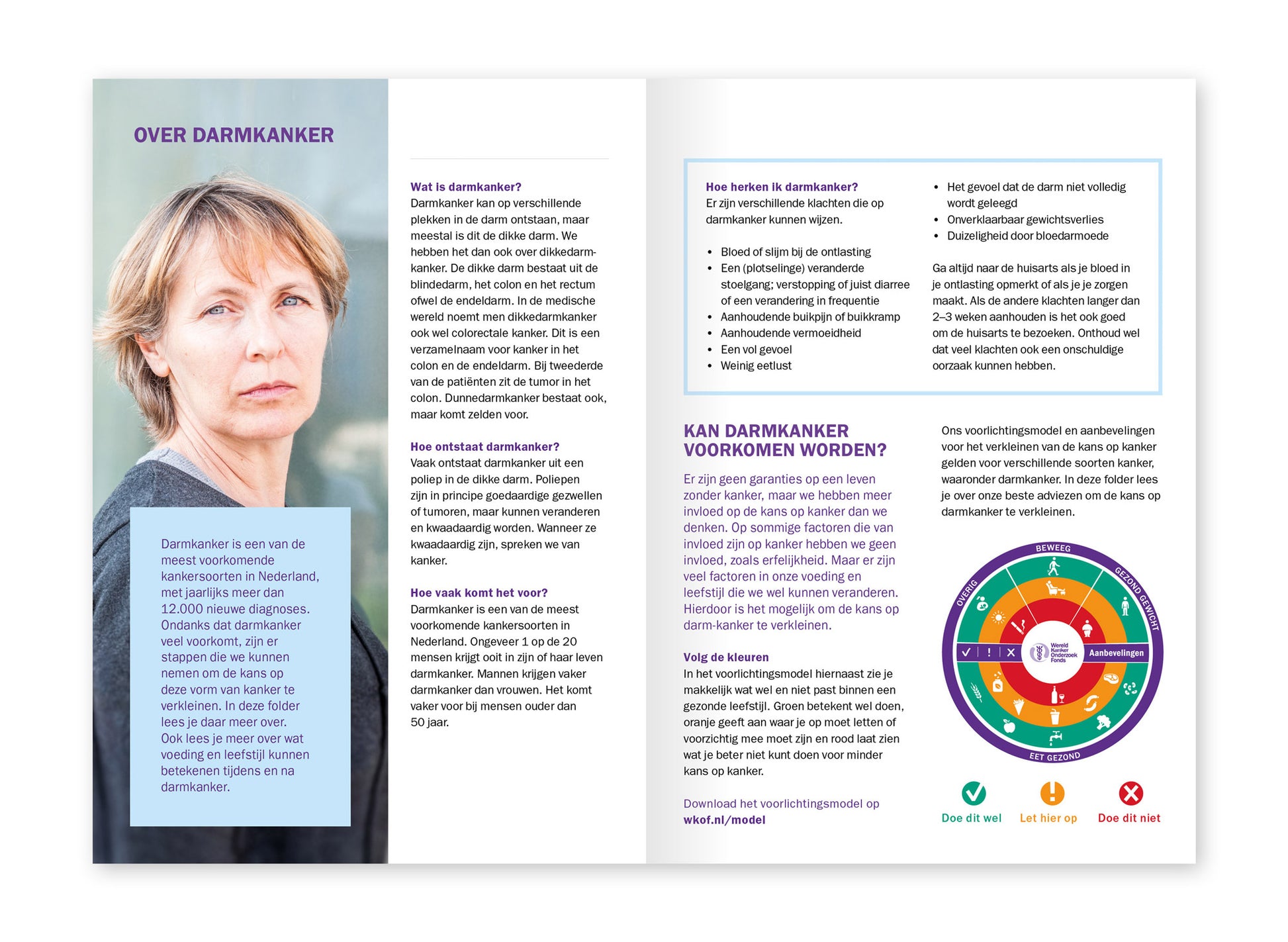 Voorbeeld van het binnenwerk van de folder 'Voeding, leefstijl en darmkanker'. Hier staat informatie over darmkanker en de preventie ervan.