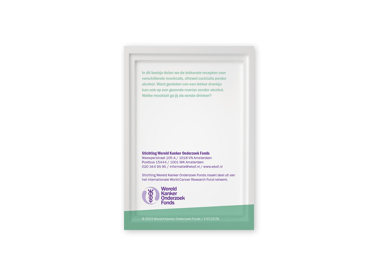 Achterzijde van het boekje 'Feestelijk alcoholvrij' van het Wereld Kanker Onderzoek Fonds.