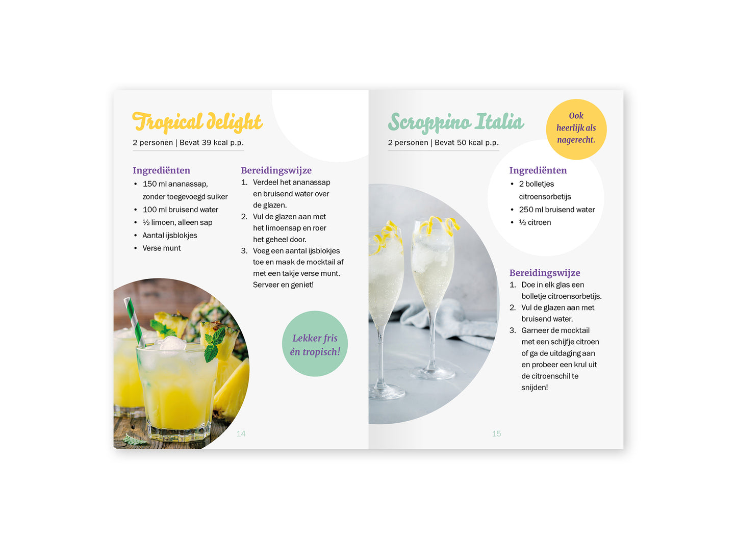 Voorbeeld van het binnenwerk. Hier staat een recept voor Tropical delight en een voor Scroppino Italia.