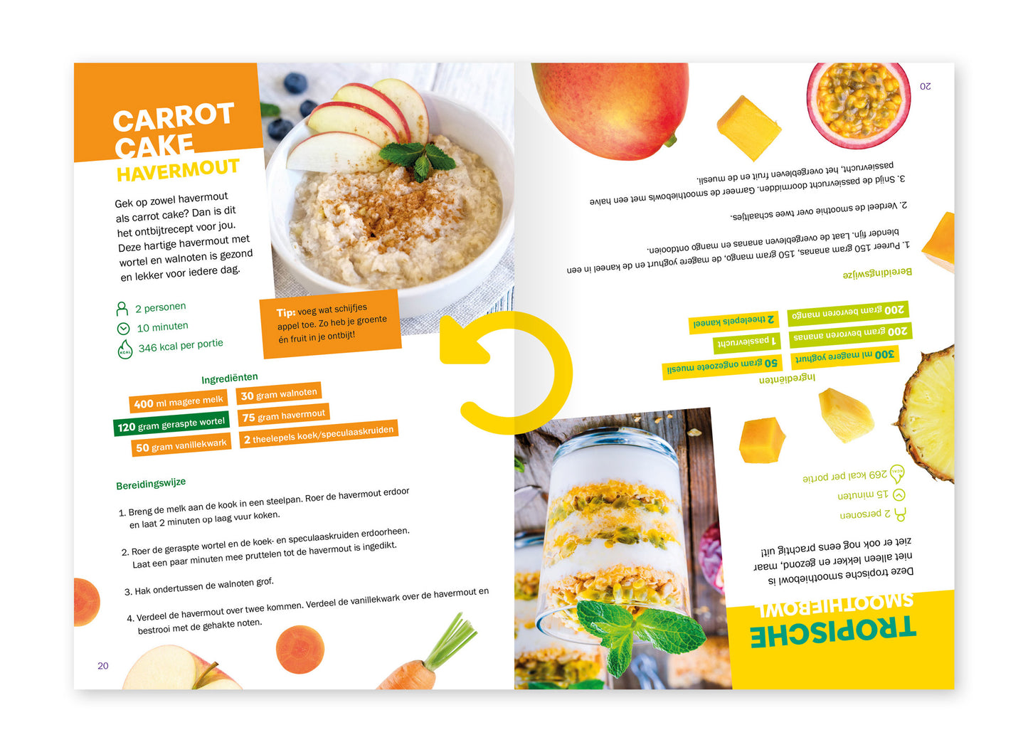 Voorbeeld van het binnenwerk van het kookboekje 'Gek op groente - Gek op fruit' van het Wereld Kanker Onderzoek Fonds. Met aan de ene kant een recept voor Carrot cake, en op de andere een recept voor een Tropische smoothiebowl.