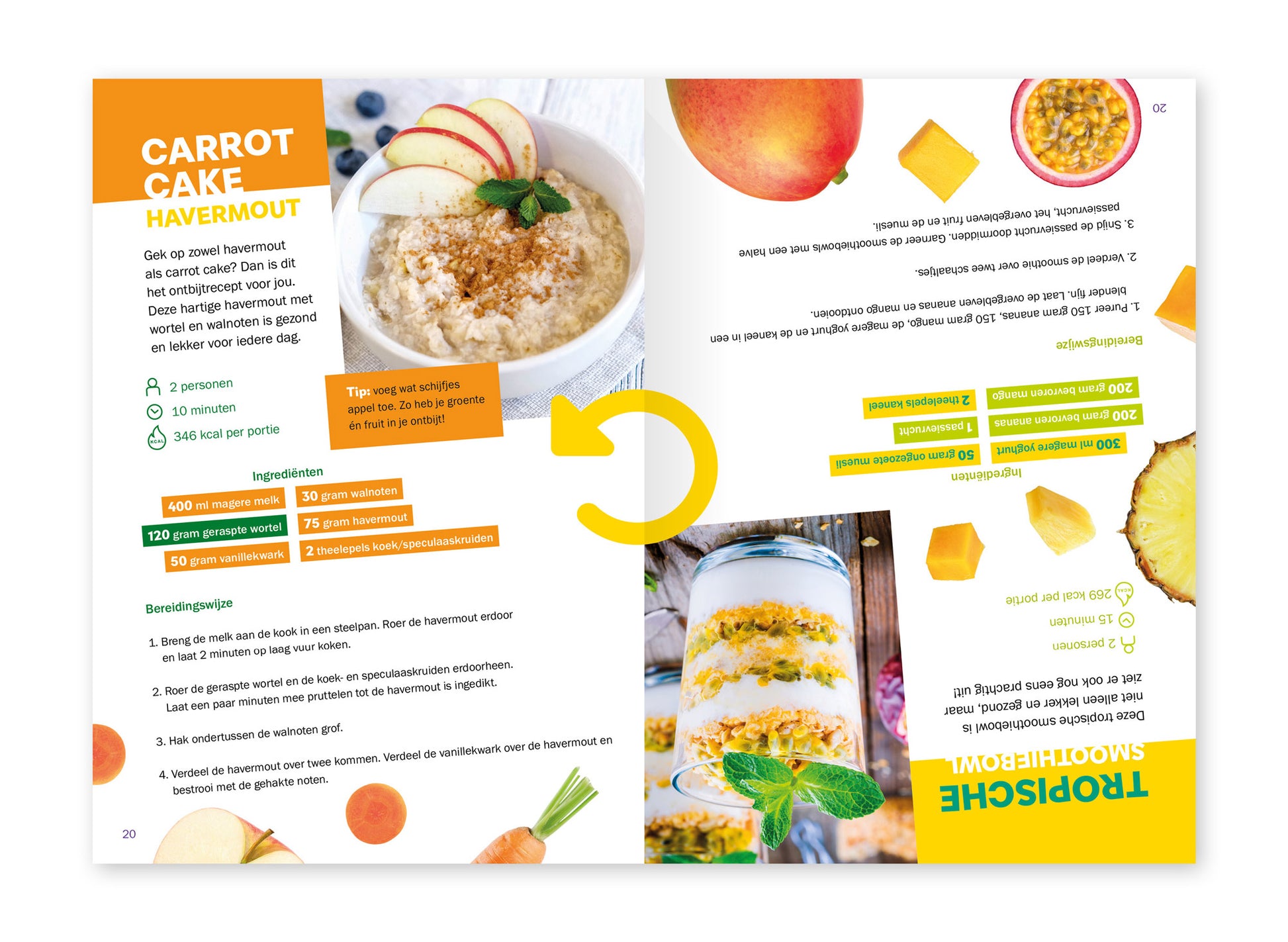 Voorbeeld van het binnenwerk van het kookboekje 'Gek op groente - Gek op fruit' van het Wereld Kanker Onderzoek Fonds. Met aan de ene kant een recept voor Carrot cake, en op de andere een recept voor een Tropische smoothiebowl.