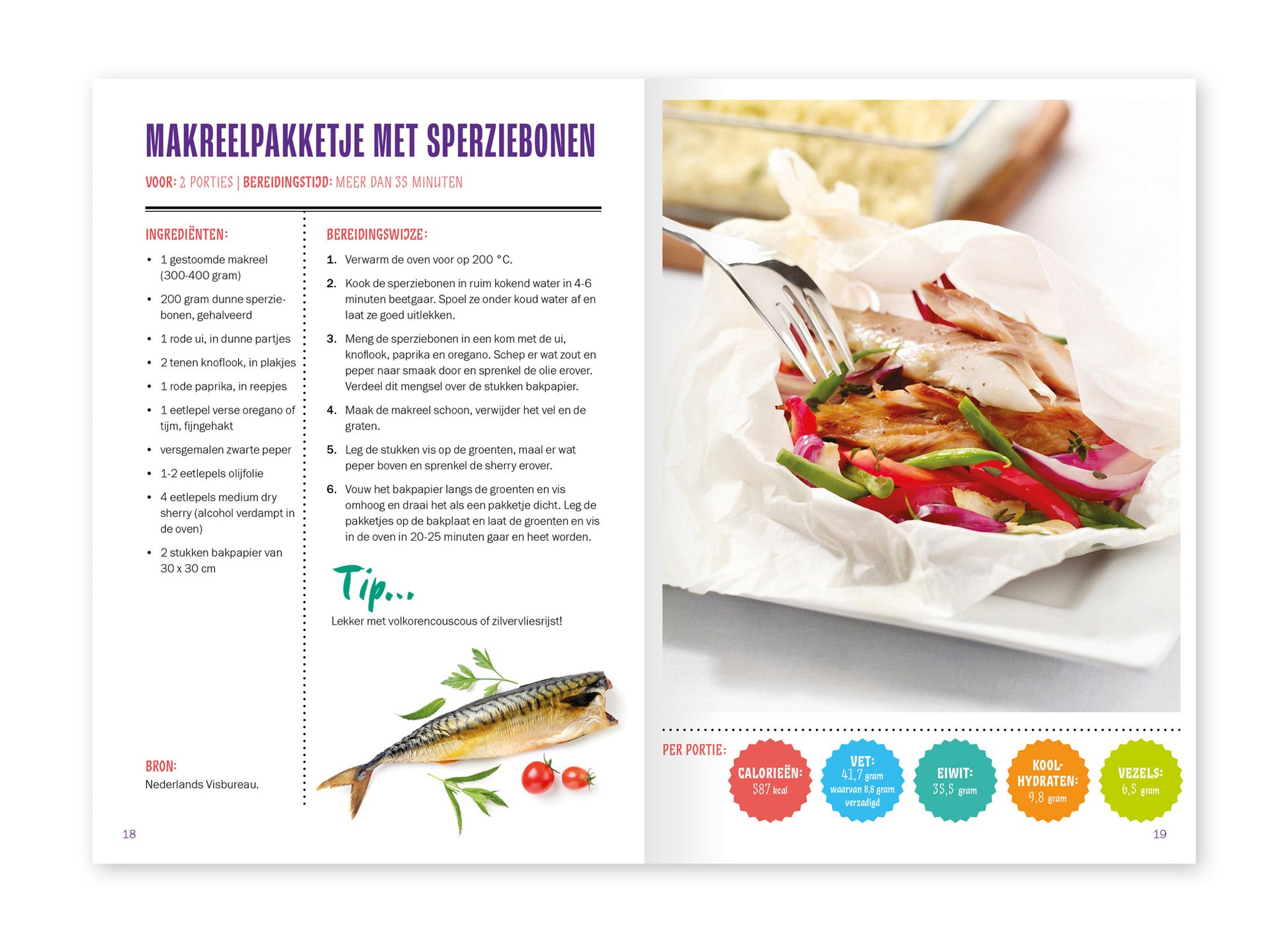 Voorbeeld van het binnenwerk van het kookboekje 'Genieten van vis' van het Wereld Kanker Onderzoek Fonds. Hier staat een recept voor een Makreelpakketje met sperziebonen.