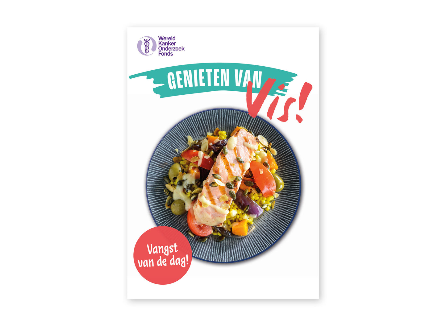 Omslag van het kookboekje 'Genieten van vis' van het Wereld Kanker Onderzoek Fonds.