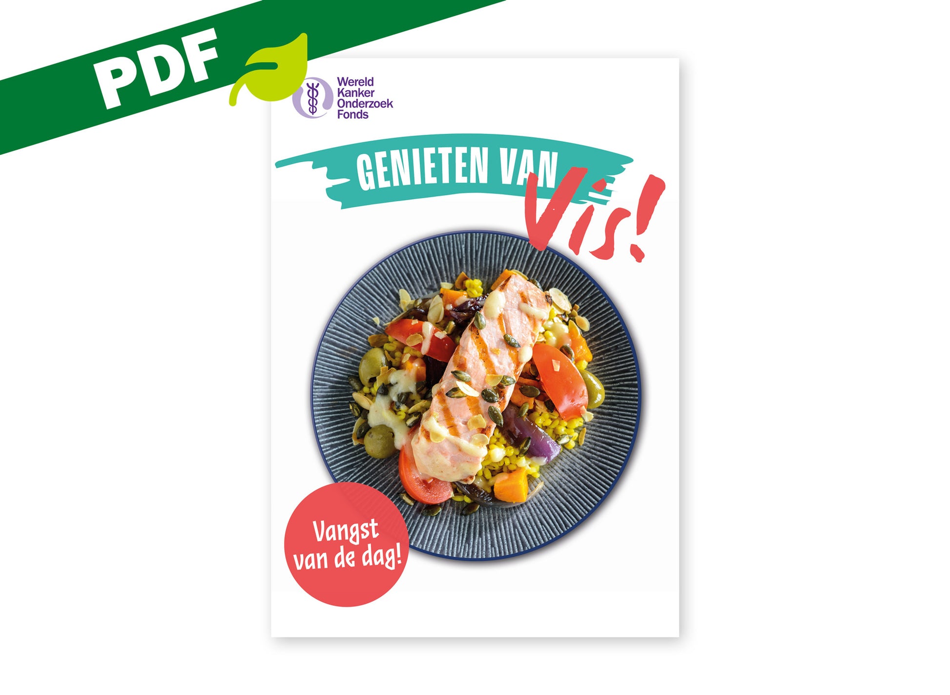 Omslag van de PDF-versie van het kookboekje 'Genieten van vis' van het Wereld Kanker Onderzoek Fonds.