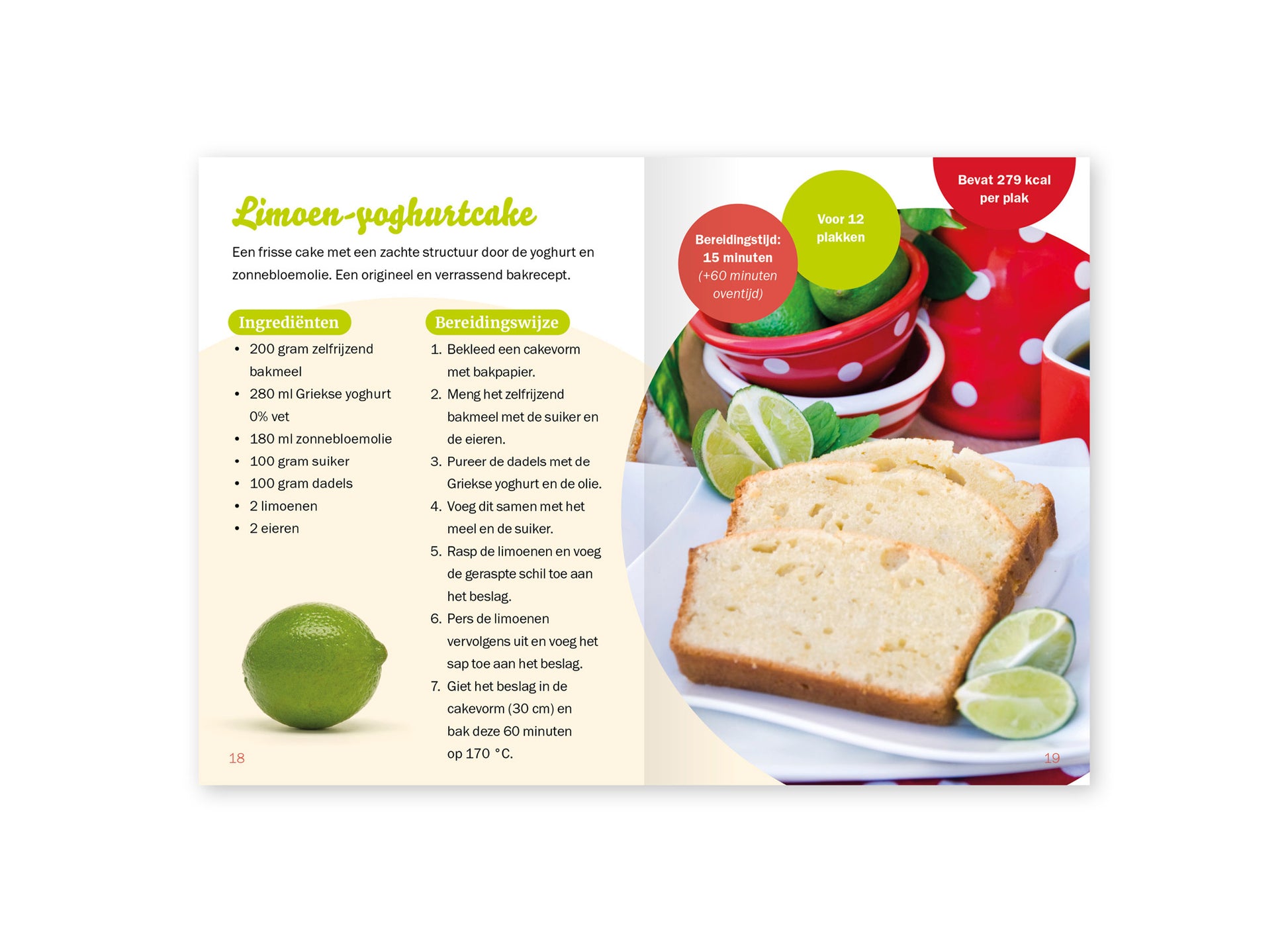 Voorbeeld van het binnenwerk van het kookboekje 'Goed gebakken'. Hier staat een recept voor Limoen-yoghurtcake.