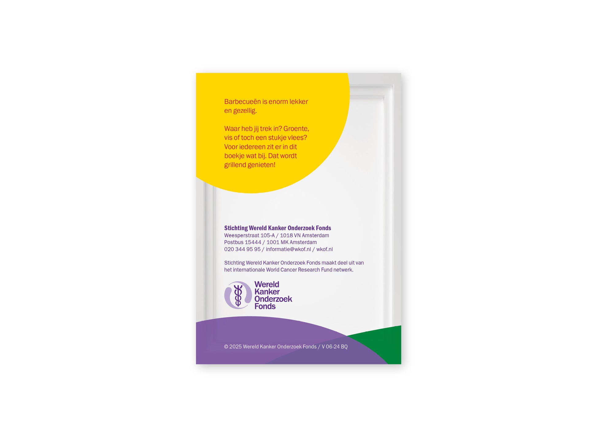 Achterzijde van het kookboekje 'Grillend genieten' van het Wereld Kanker Onderzoek Fonds'.