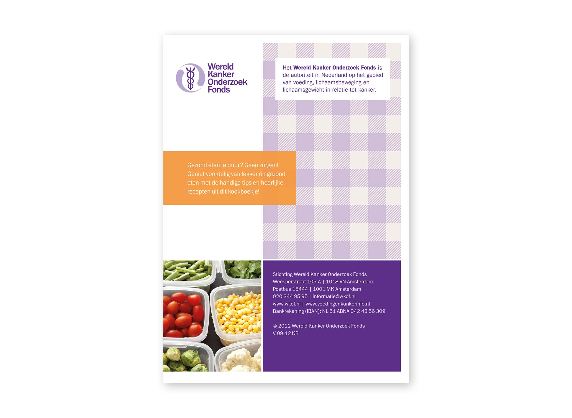Achterzijde van het kookboekje 'Kook met een klein budget!' van het Wereld Kanker Onderzoek Fonds.