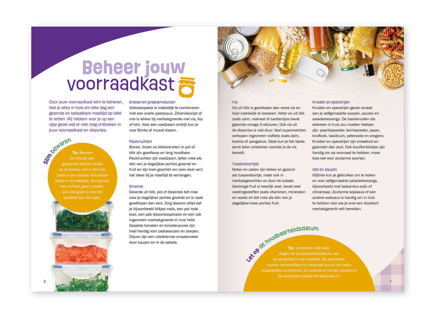 Voorbeeld Omslag van het binnenwerk van het  kookboekje 'Kook met een klein budget!'. Hier staan tips voor het beheren van je voorraadkast.