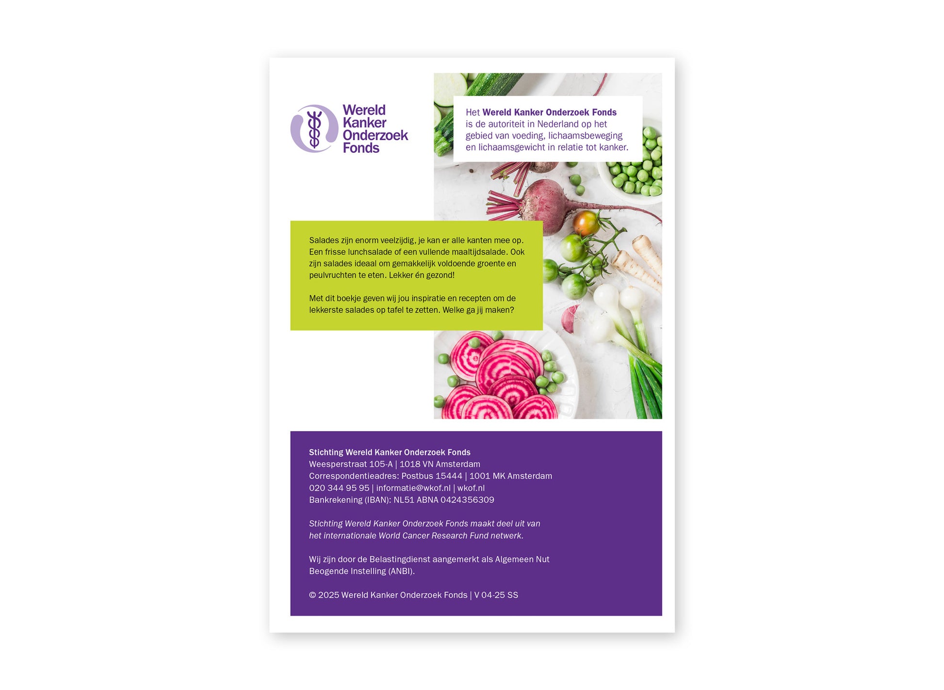 Achterzijde van het kookboekje 'Salademaker' van het Wereld Kanker Onderzoek Fonds.
