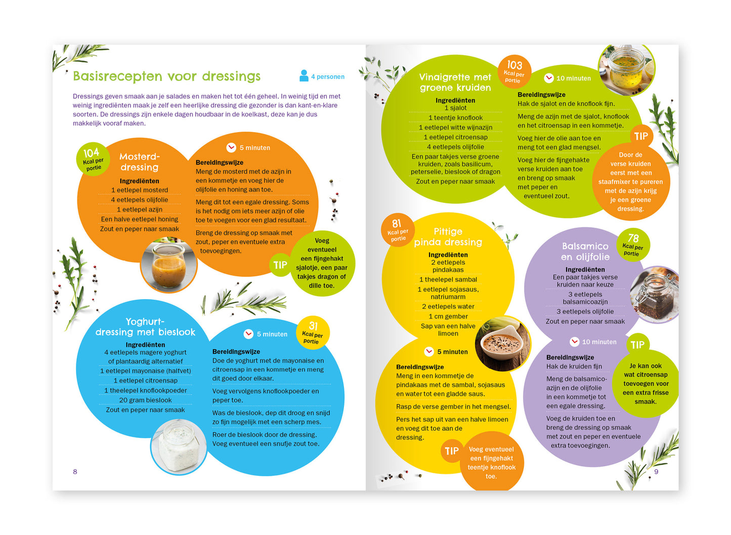 Voorbeeld van het binnenwerk van het kookboekje 'Salademaker' van het Wereld Kanker Onderzoek Fonds. Hier staan basisrecepten voor saladedressings.