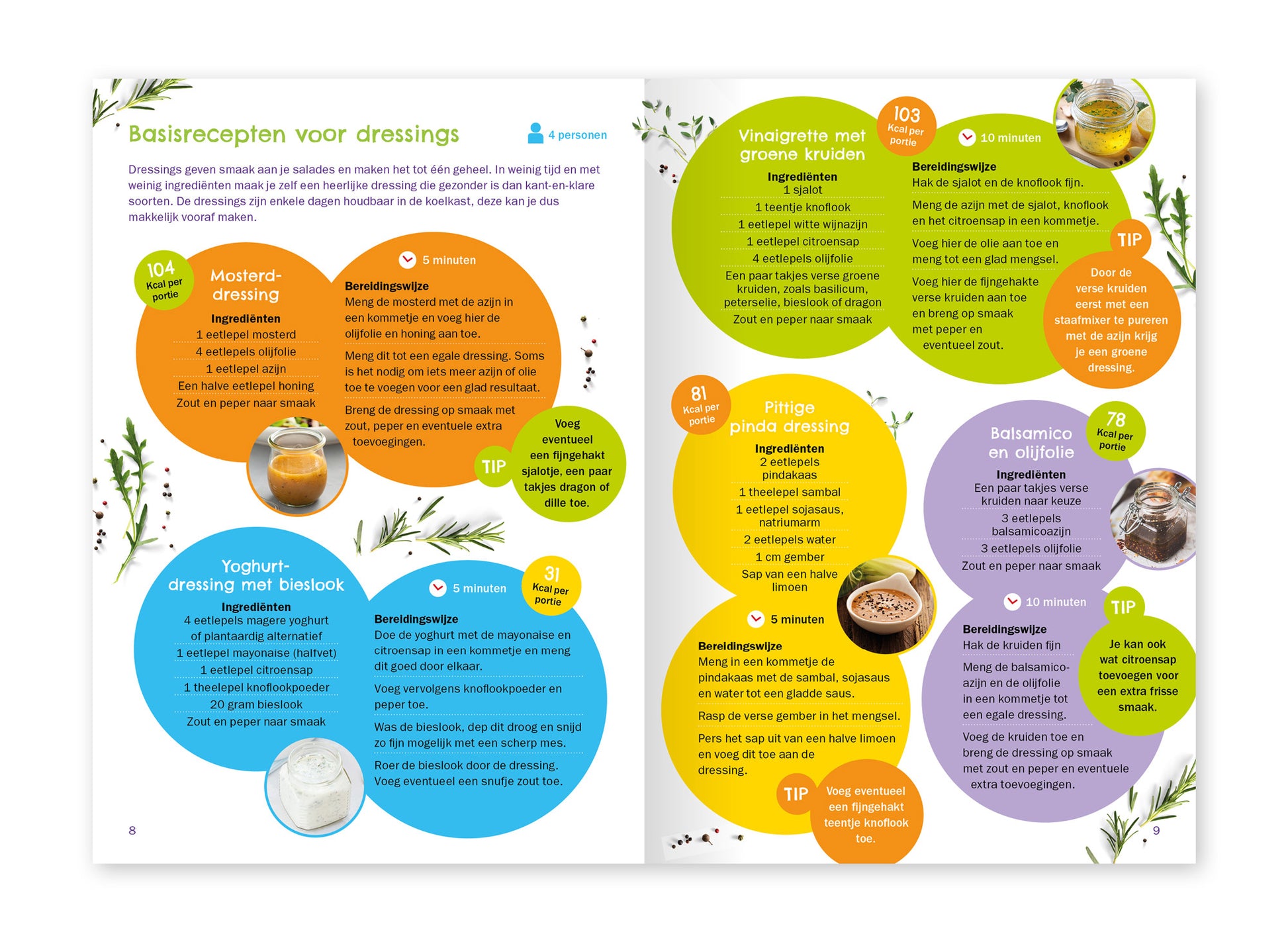 Voorbeeld van het binnenwerk van het kookboekje 'Salademaker' van het Wereld Kanker Onderzoek Fonds. Hier staan basisrecepten voor saladedressings.