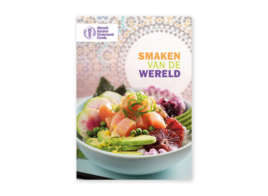 Omslag van het kookboekje 'Smaken van de wereld' van het Wereld Kanker Onderzoek Fonds.