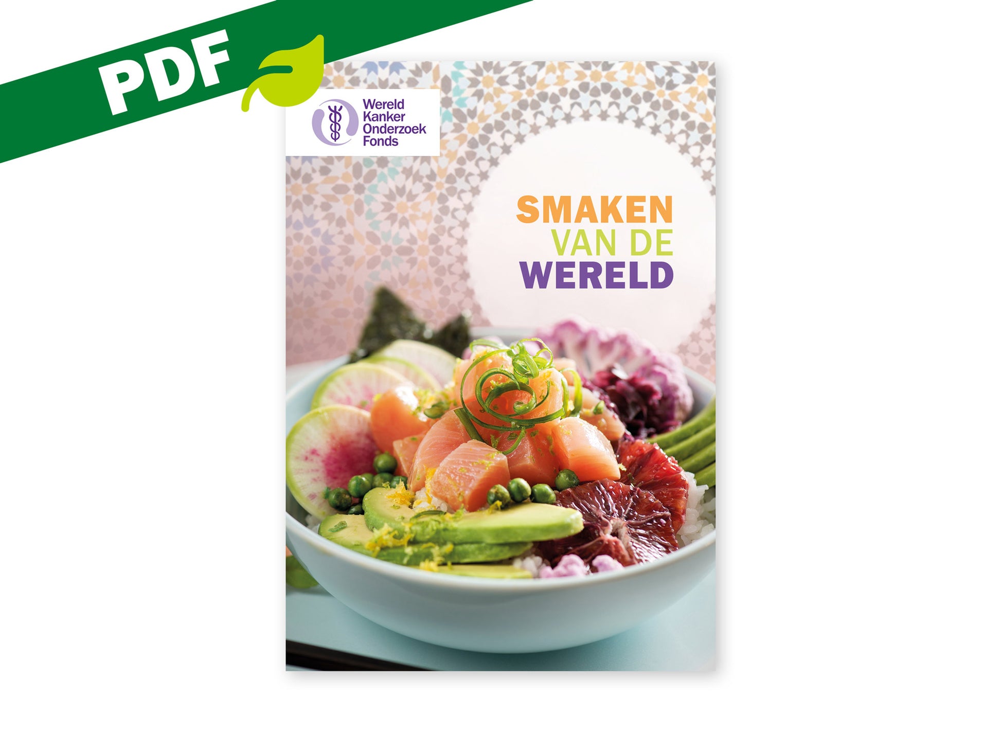Omslag van de PDF-versie van het kookboekje 'Smaken van de wereld' van het Wereld Kanker Onderzoek Fonds.