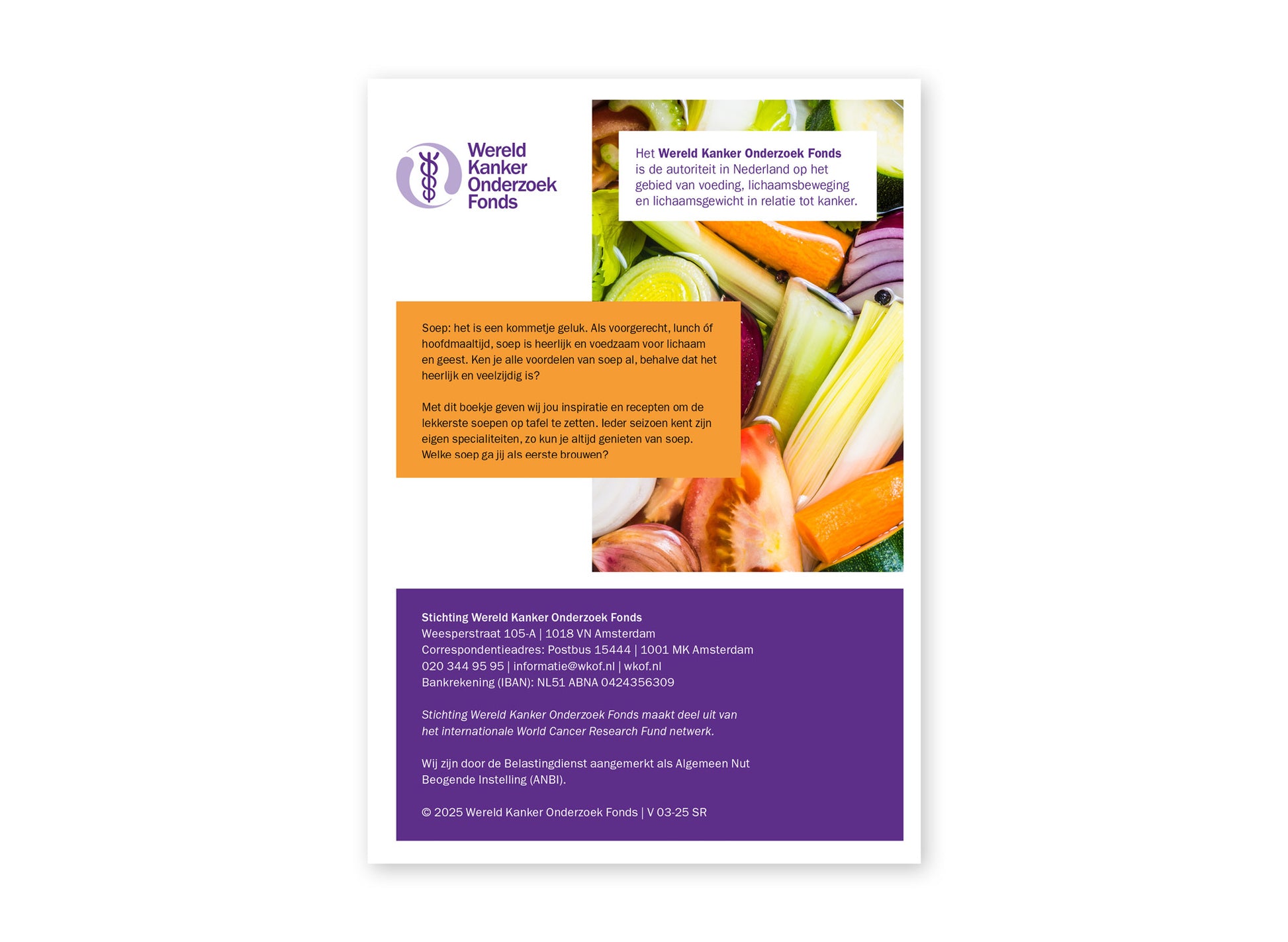 Achterzijde van het kookboekje 'Soepbrouwer' van het Wereld Kanker Onderzoek Fonds.