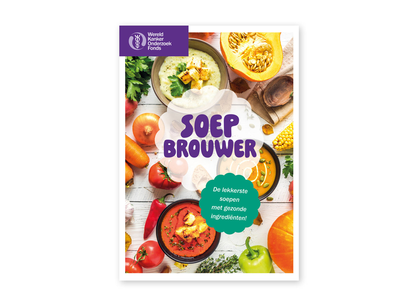 Omslag van het kookboekje 'Soepbrouwer' van het Wereld Kanker Onderzoek Fonds.